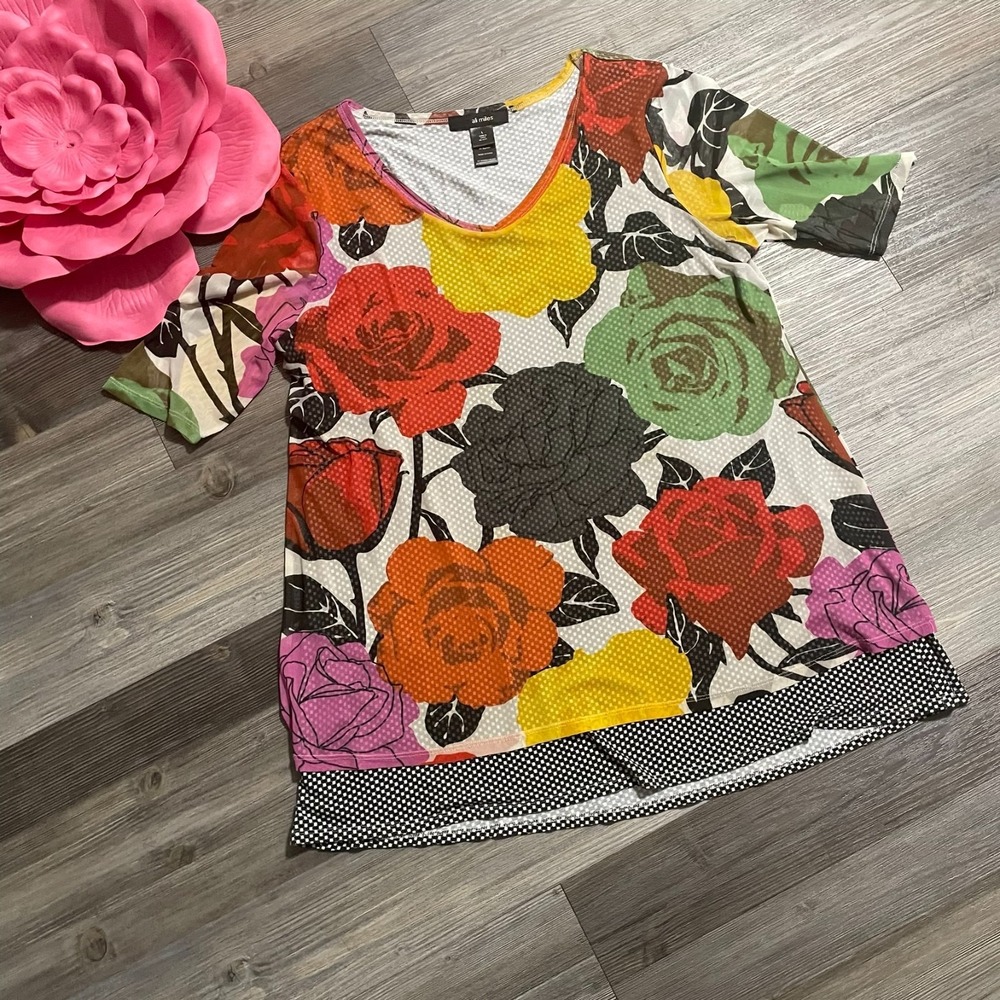 ALI‎ MILES Tunic Top Sz L Mesh Floral Roses Overlay Stretch Art To Wear